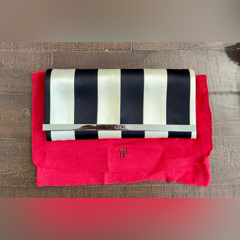 Carolina Herrera Black & White Striped Satin Chain Clutch